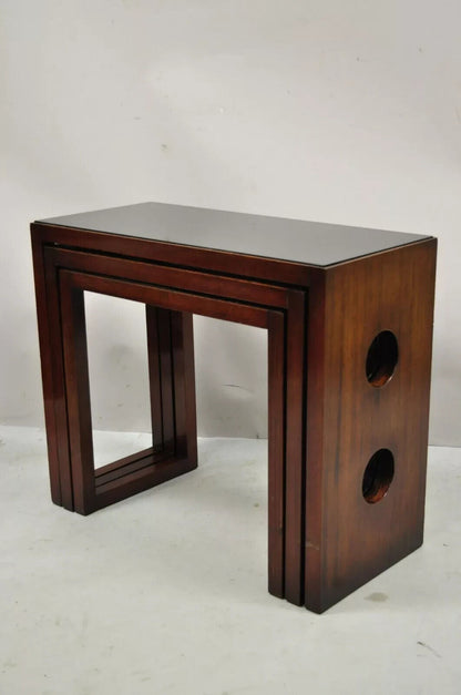 James Mont Mid Century Modern Mahogany & Glass Top Art Deco Nesting Side Tables