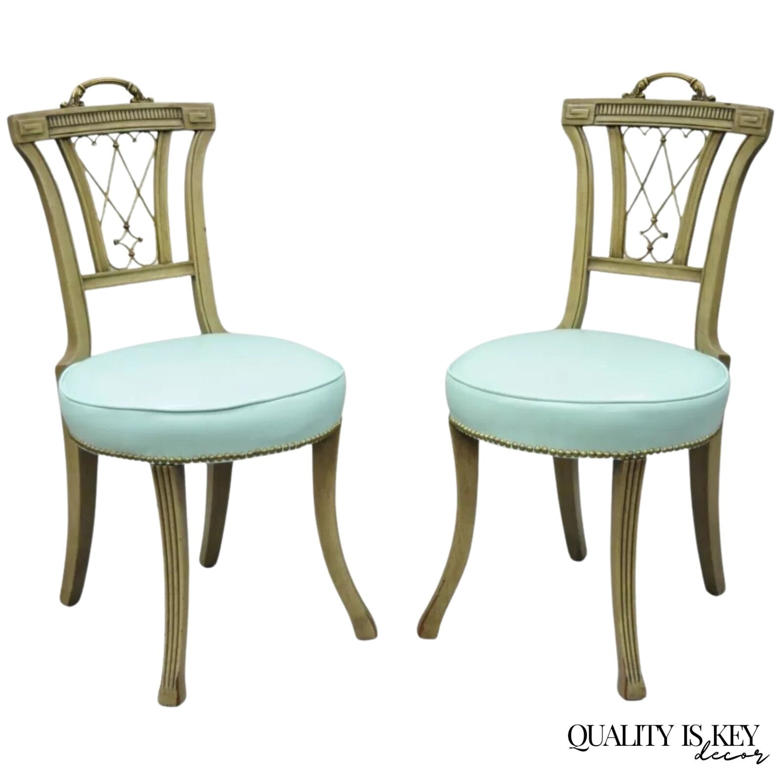 Vintage French Regency Style Mahogany Side Chairs w/ Brass Handles - a Pair