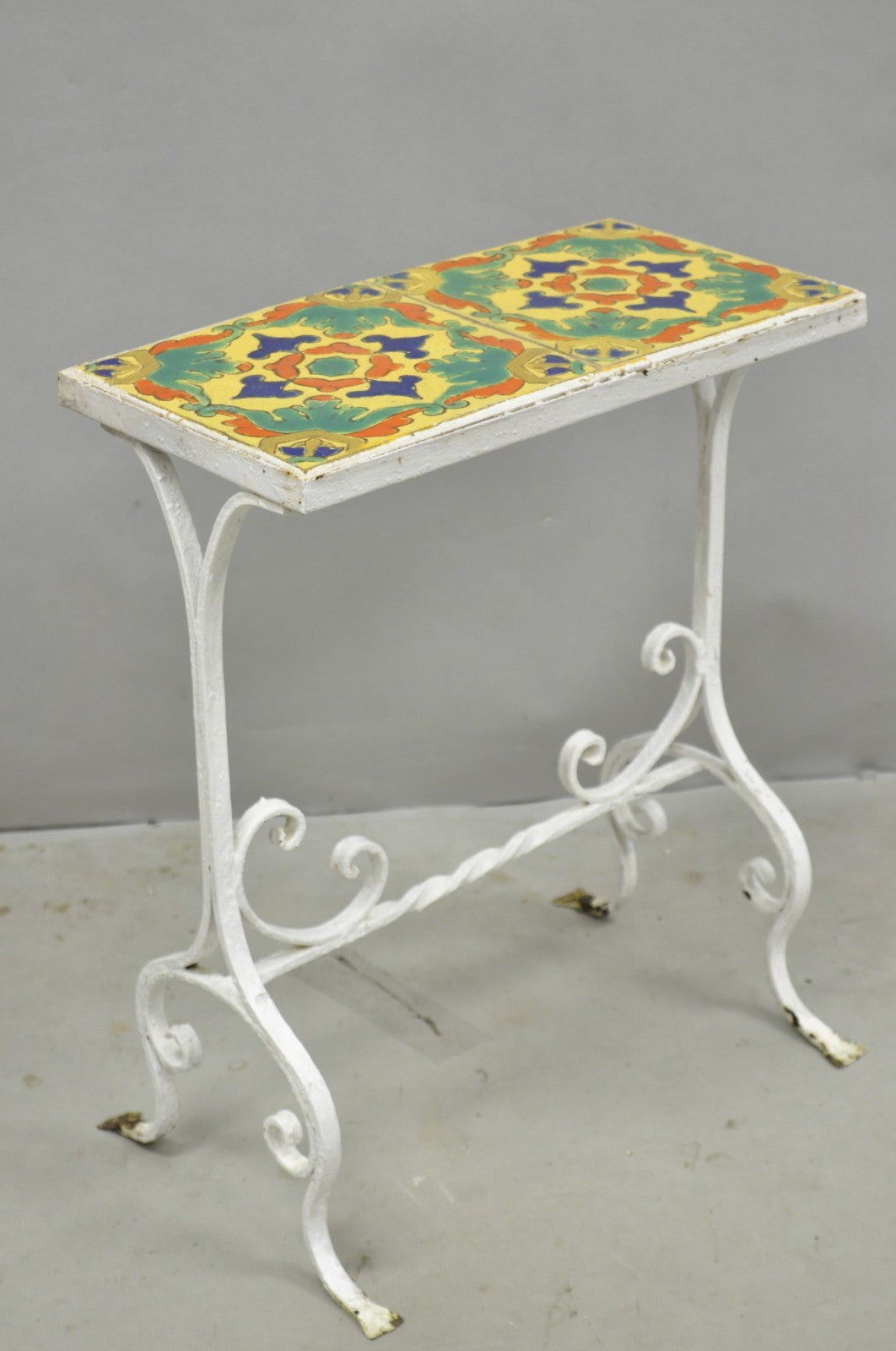 Antique Arts & Crafts Wrought Iron Side Table w/ Catalina California Tile Top