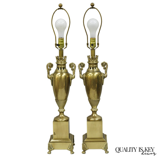 Vintage French Empire Neoclassical Brass Urn Form Table Lamps by Tyndale - Pair