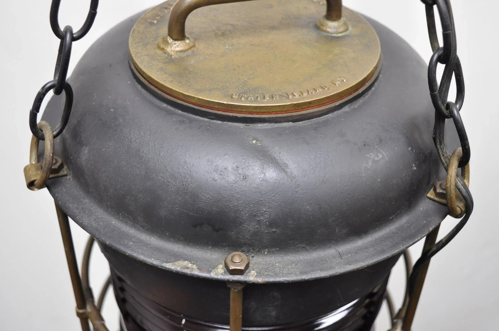 Antique Durkee Marine Ship Lantern Fixture Red Fresnel Pendant Chandelier (A)