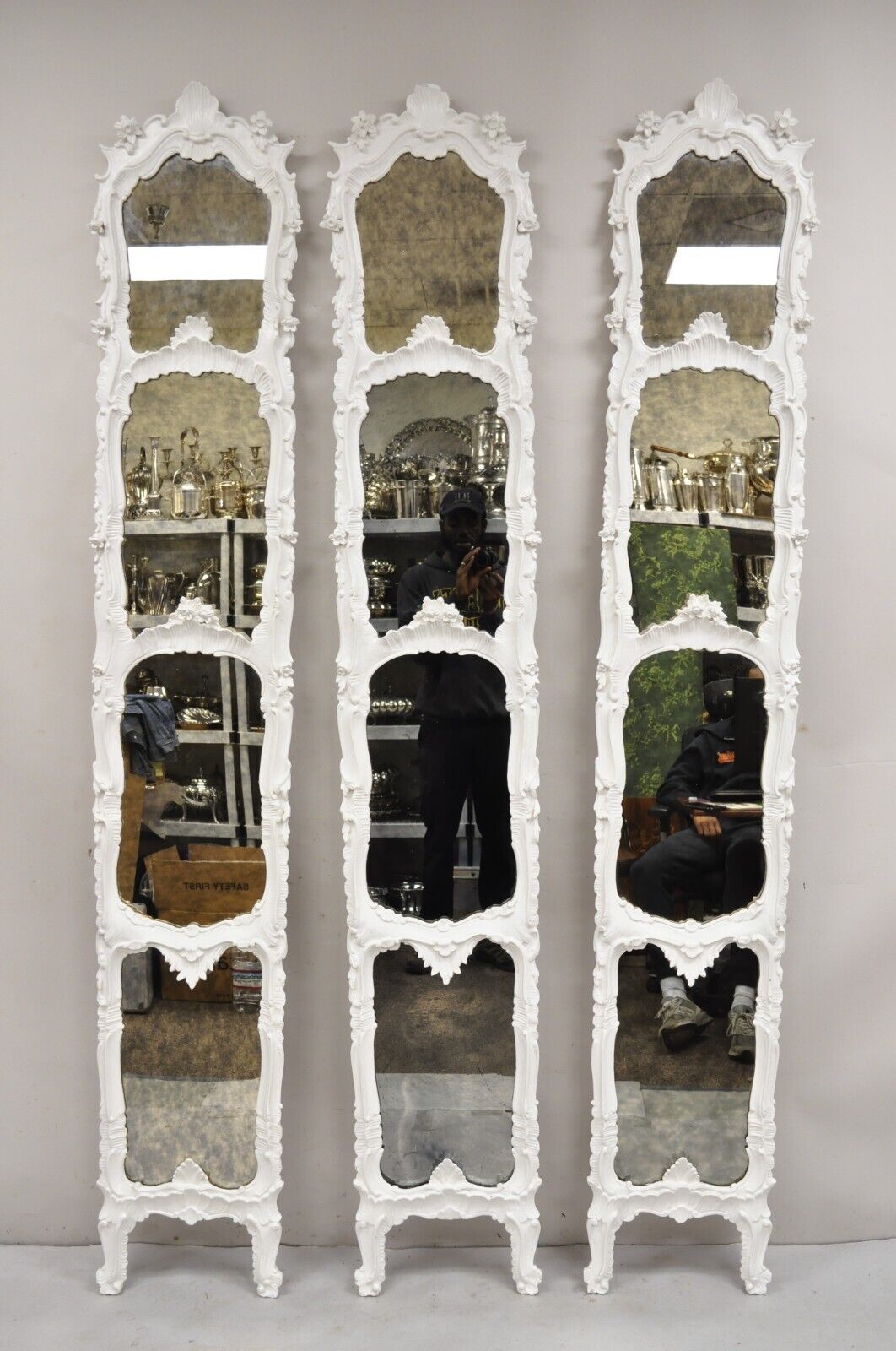 Antique French Rococo Louis XV White Carved Wood Tall Narrow Mirrors - 3 Pcs