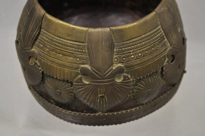 19th C. Antique Indian Brass and Wood Smoking Tobacco Jar Box Ashtray Set - 3 Pc