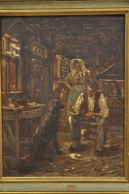Vintage German Country Gentlemen Woman and Dog Italian Framed Painting