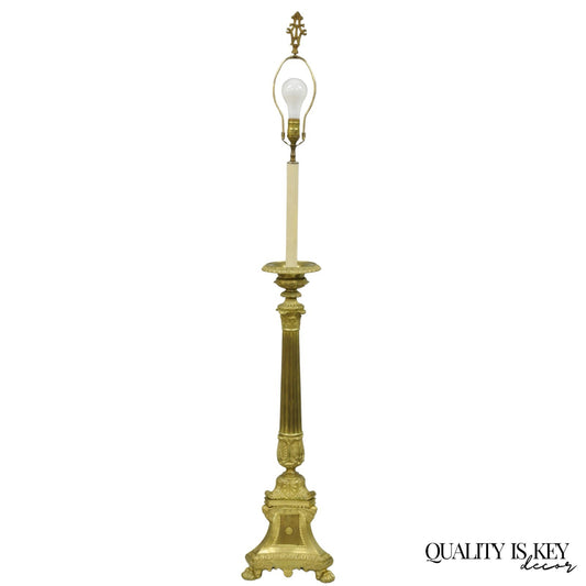 Antique 59" Tall French Empire Renaissance Bronze Column Candlestick Table Lamp