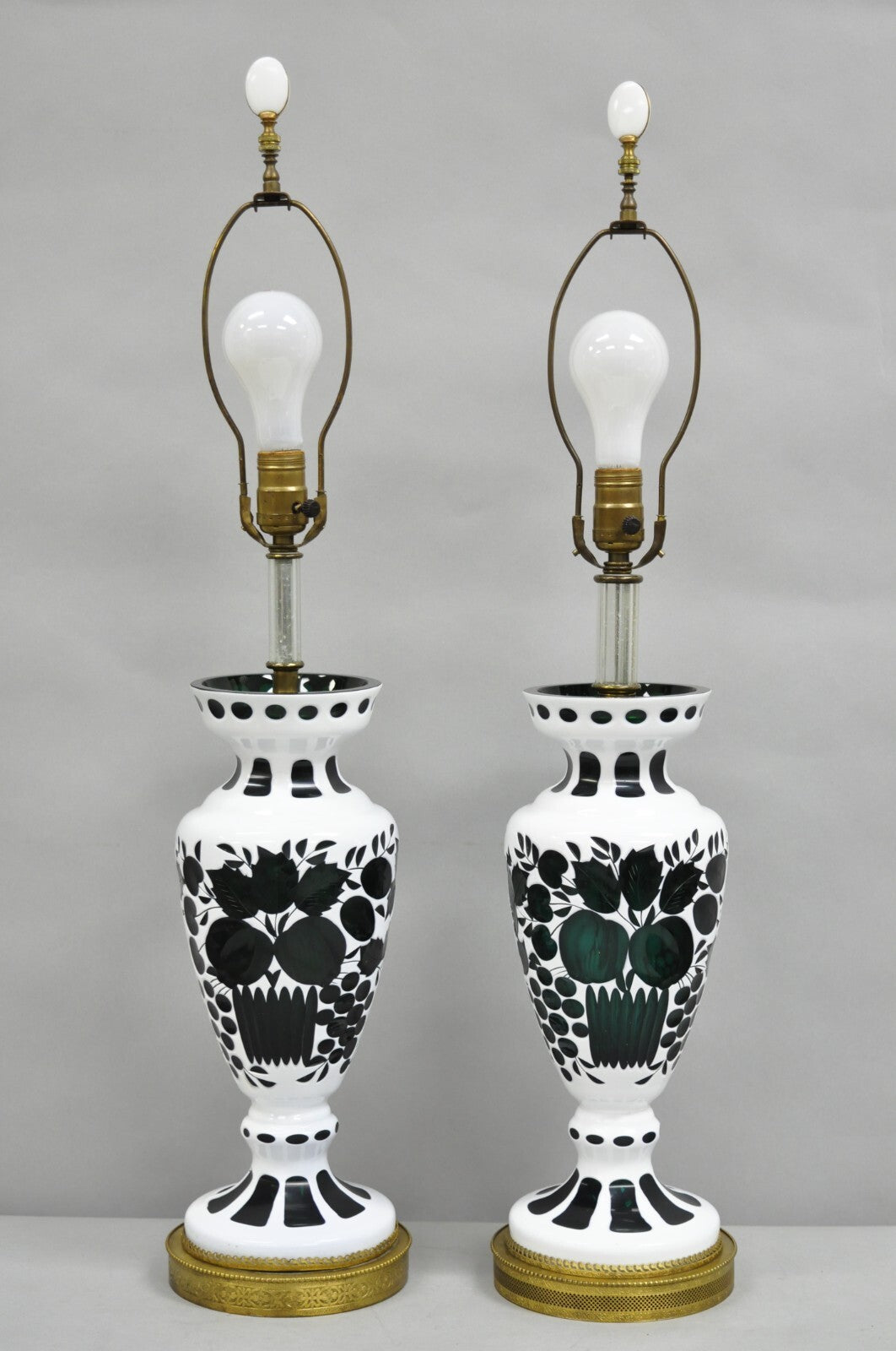 Antique Bohemian Green & White Fruit Harvest Czechoslovakian Table Lamps - Pair
