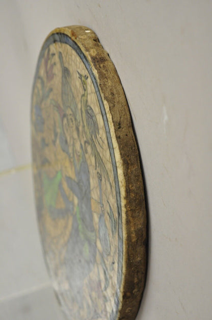 Antique Persian Iznik Qajar Style Oval Ceramic Pottery Tile Loving Embrace C2