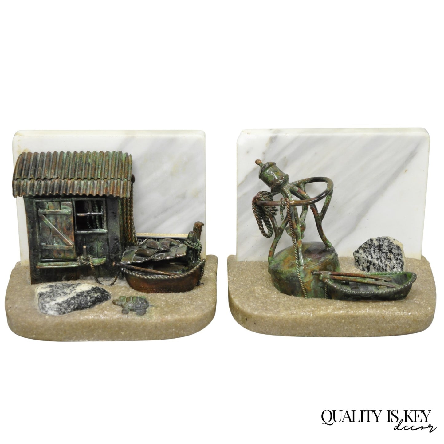Curtis Clawson Mid Century Modern Brutalist Nautical Bronze & Marble Bookends