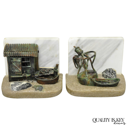 Curtis Clawson Mid Century Modern Brutalist Nautical Bronze & Marble Bookends