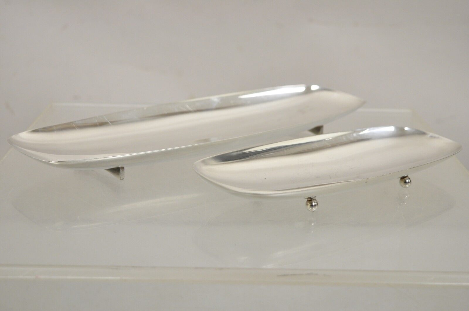 Vintage Mid Century Danish Modern Narrow Silver Plated Footed Dish Tray - 2 Pcs