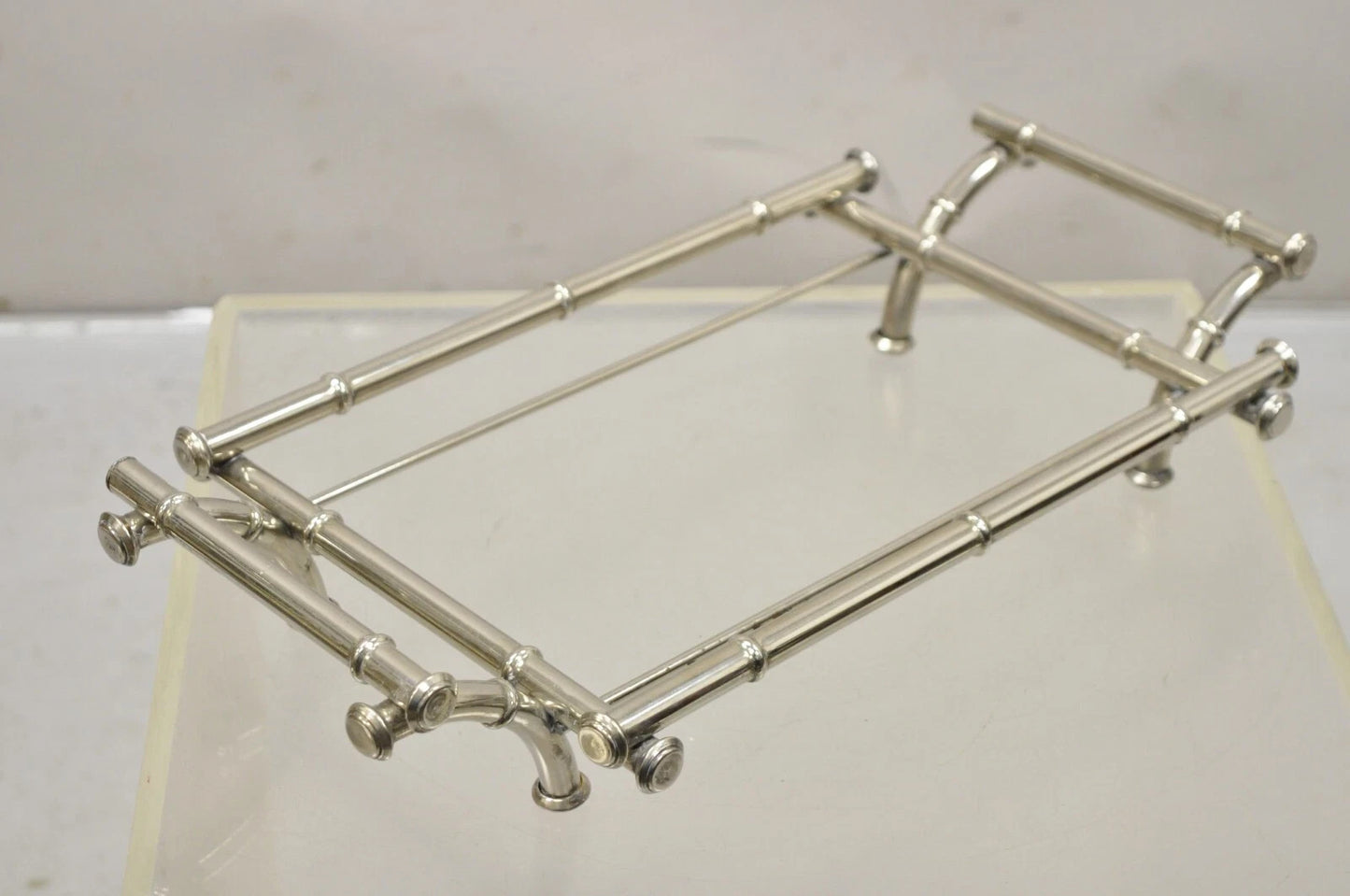 Vtg Italian Hollywood Regency Faux Bamboo Silver Plated Serving Platter Stand
