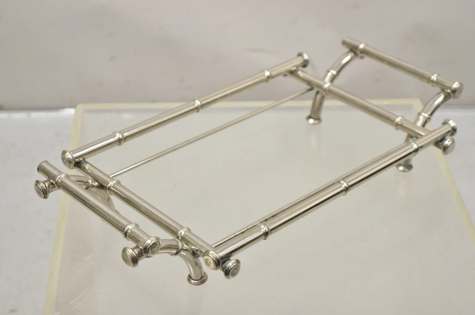 Vtg Italian Hollywood Regency Faux Bamboo Silver Plated Serving Platter Stand
