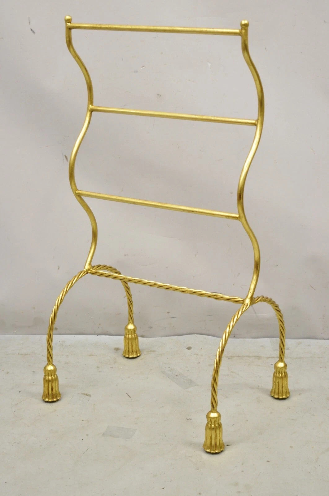 Vintage Italian Hollywood Regency Gold Gilt Metal Iron Towel Rack w/ Tassel Feet