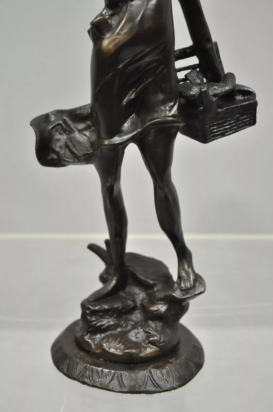 Vintage French Bronze Sculpture of Woman w/ Birds & Basket After Emile Guillemin