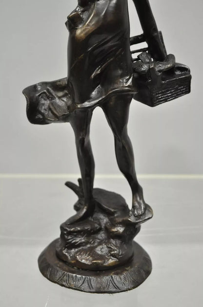Vintage French Bronze Sculpture of Woman w/ Birds & Basket After Emile Guillemin