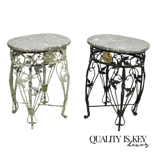 Vintage French Art Nouveau Wrought Iron Marble Top Painted Side Tables - a Pair