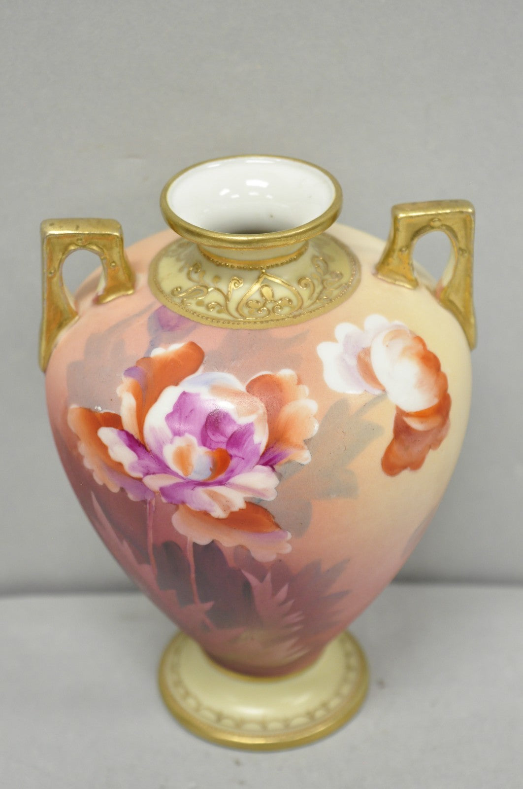 Antique Nippon Hand Painted Porcelain Small Pink Floral Vase w Gold Twin Handles
