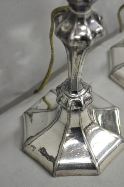 Reed & Barton Art Nouveau Silver Plated Small Candlestick Table Lamps - a Pair