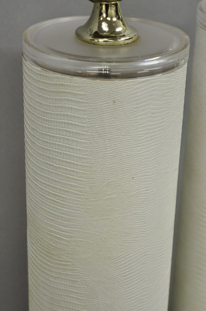 Vintage Hollywood Regency White Faux Alligator Embossed Cylinder Table Lamp Pair