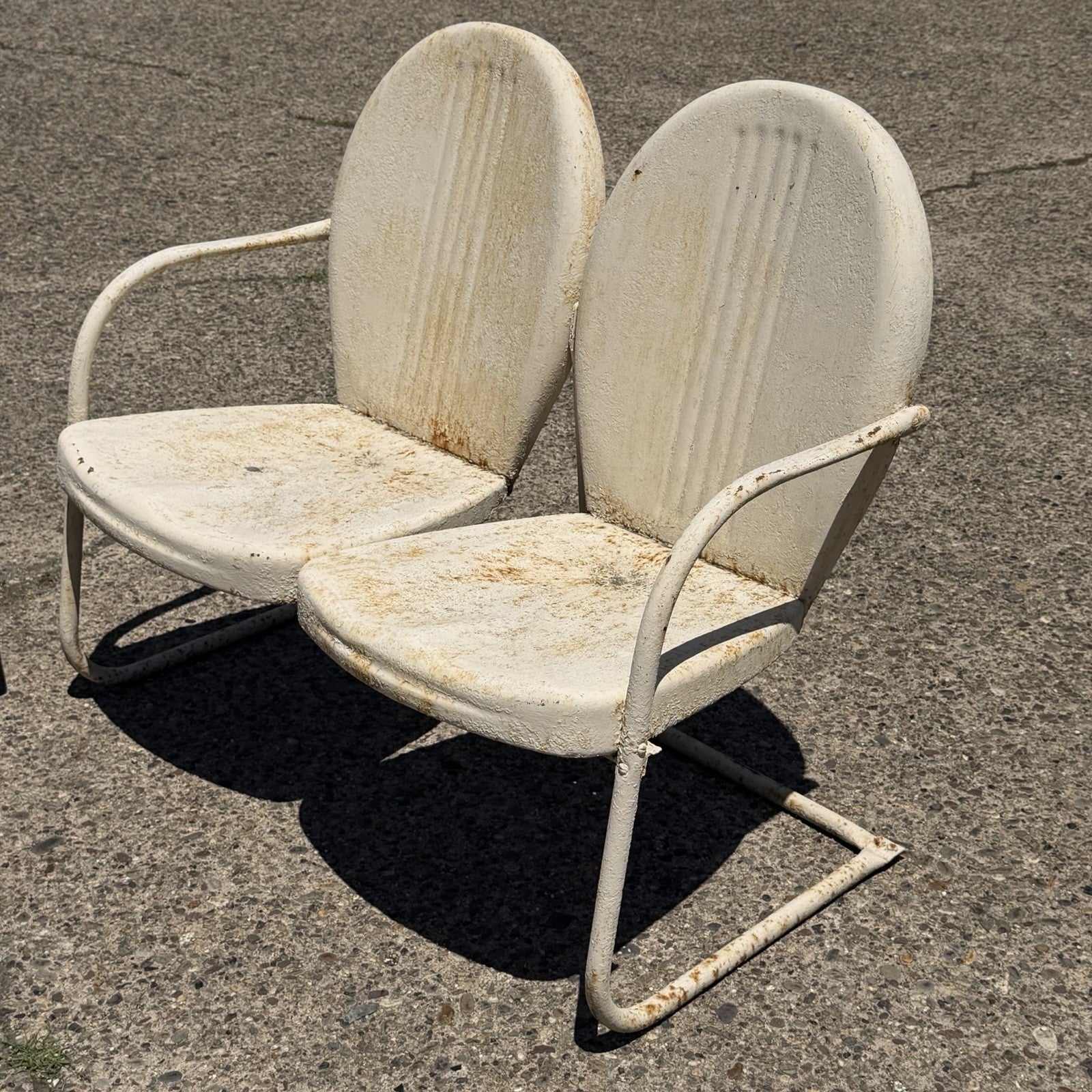 Vintage Art Deco Steel Metal Clam Shell Double Seat Porch Patio Loveseat - Pair