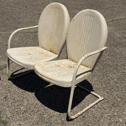 Vintage Art Deco Steel Metal Clam Shell Double Seat Porch Patio Loveseat - Pair