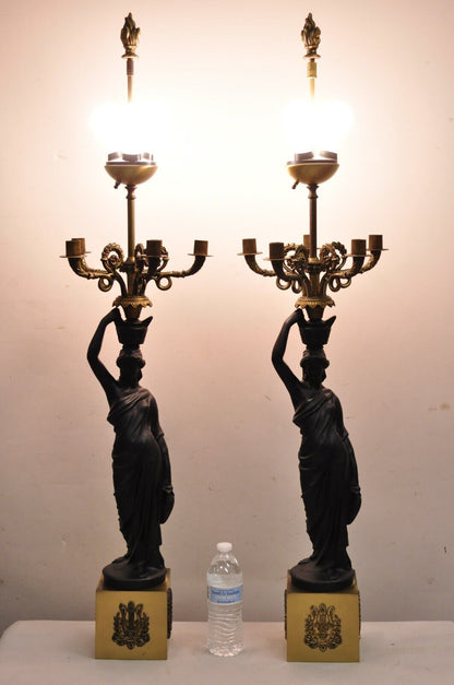 French Empire Neoclassical Style Figural Maiden Candelabra Table Lamps - a Pair