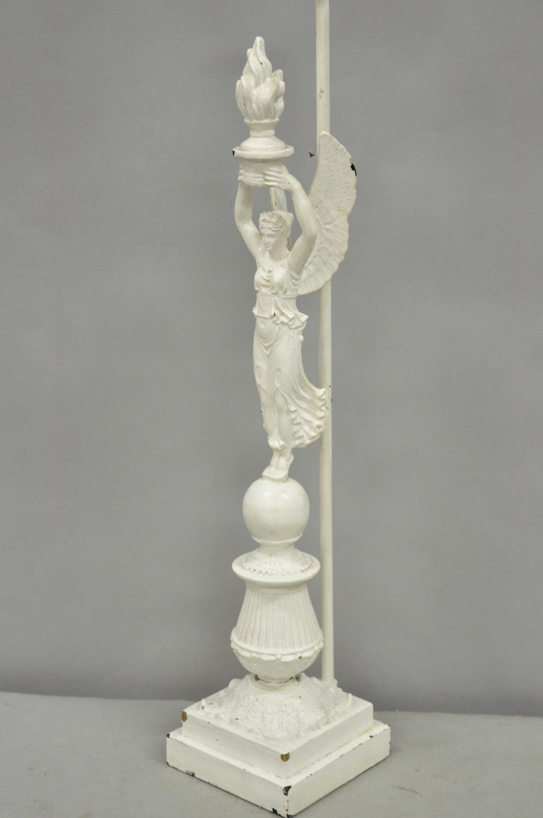 Antique French Neoclassical Metal Figural Winged Maiden Flame White Table Lamp