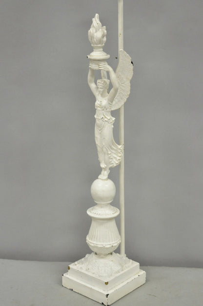 Antique French Neoclassical Metal Figural Winged Maiden Flame White Table Lamp