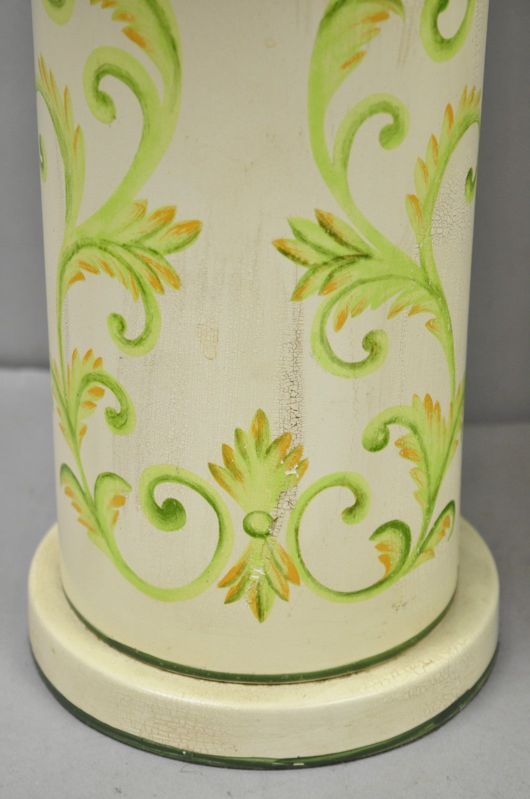 French Country Cream & Green Distressed Tole Metal Cylinder Table Lamps - a Pair