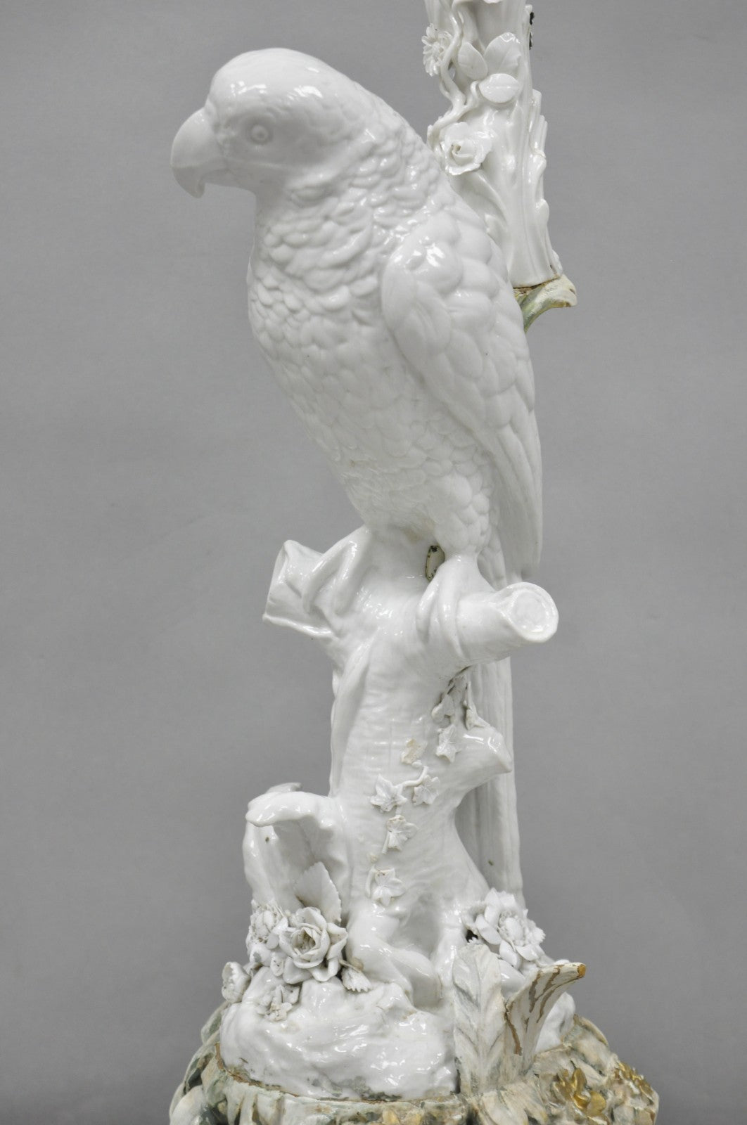 Antique Italian Blanc de Chine White Porcelain Perched Parrot Bird Table Lamp