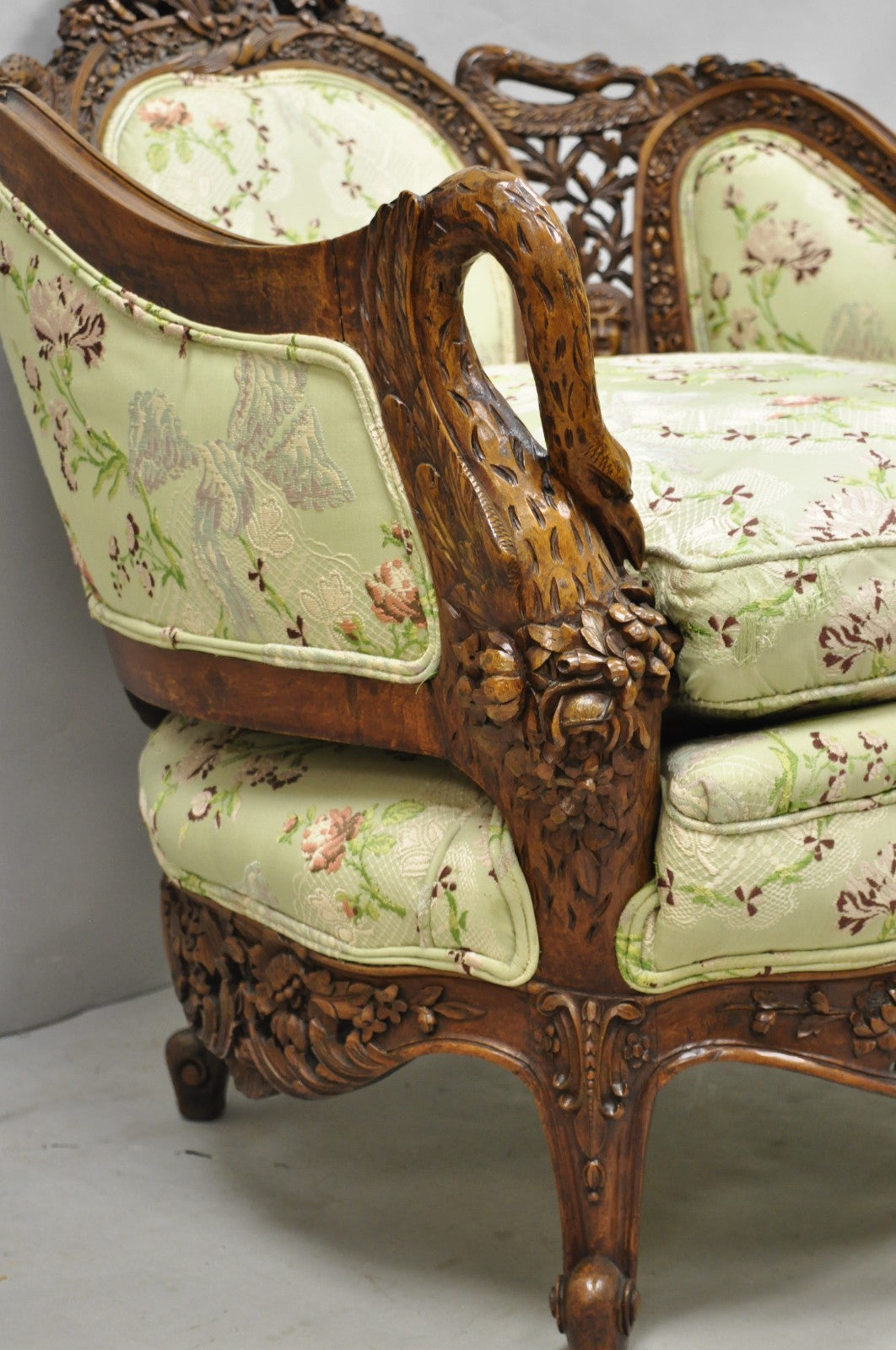 Antique Italian Regency Swan Carved Walnut French Victorian Club Lounge Chair