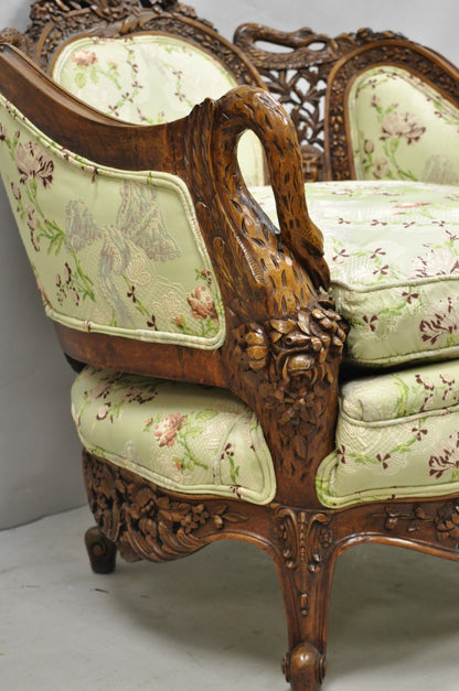 Antique Italian Regency Swan Carved Walnut French Victorian Club Lounge Chair