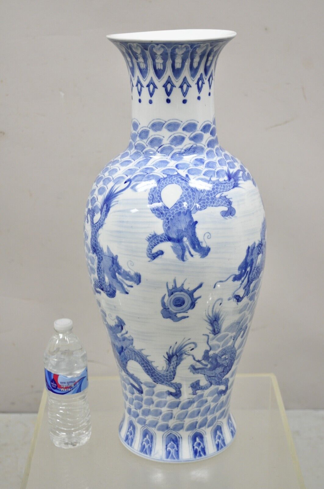 Vintage Blue and White Delf Style Porcelain Chinese Export 25" Tall Dragon Vase