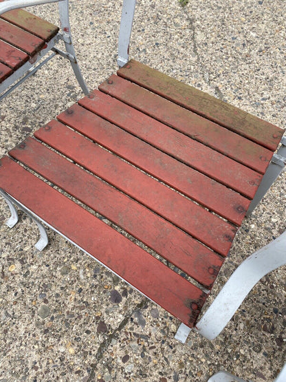 Vintage Wrought Iron and Wood Slat French Style Garden Outdoor Chairs - a Pair