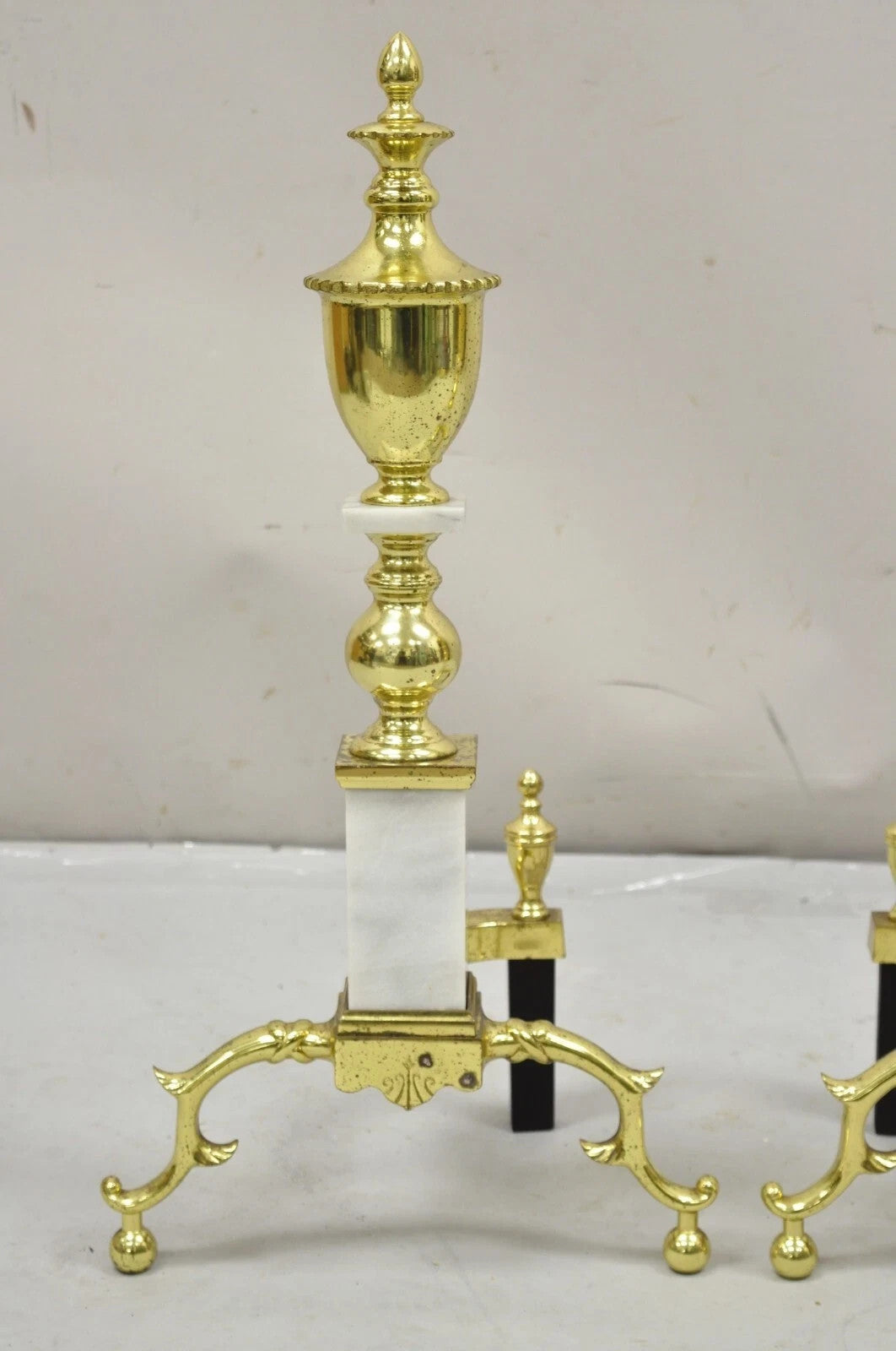 Vintage Brass Urn & Marble Federal Style Branch Leg Fireplace Andirons - a Pair