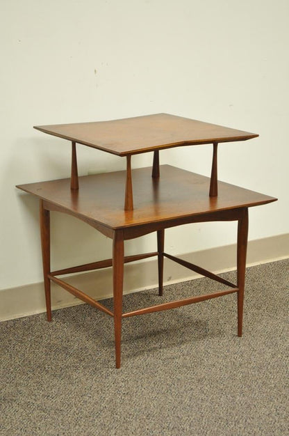 Vintage Mid Century Danish Modern Walnut Teak 2 Tier Sculpted Side Lamp Table