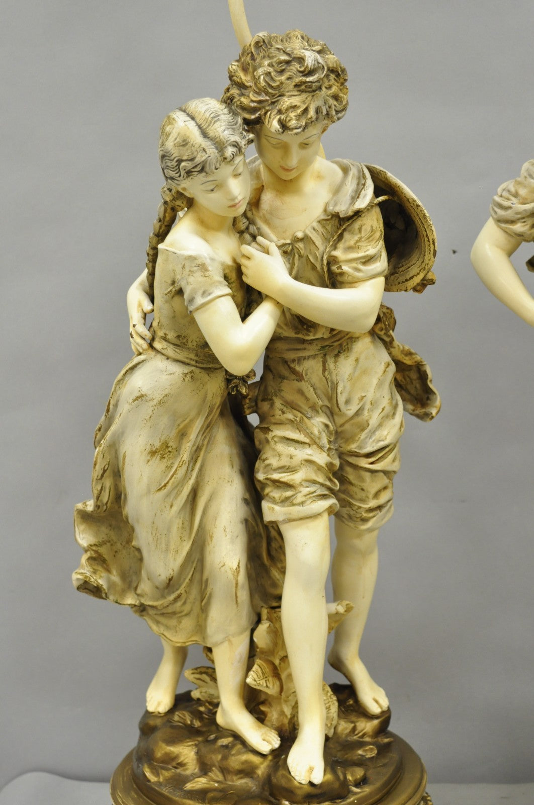 Antique L&F Moreau French Renaissance Large Figural Boy and Girl Table Lamp Pair
