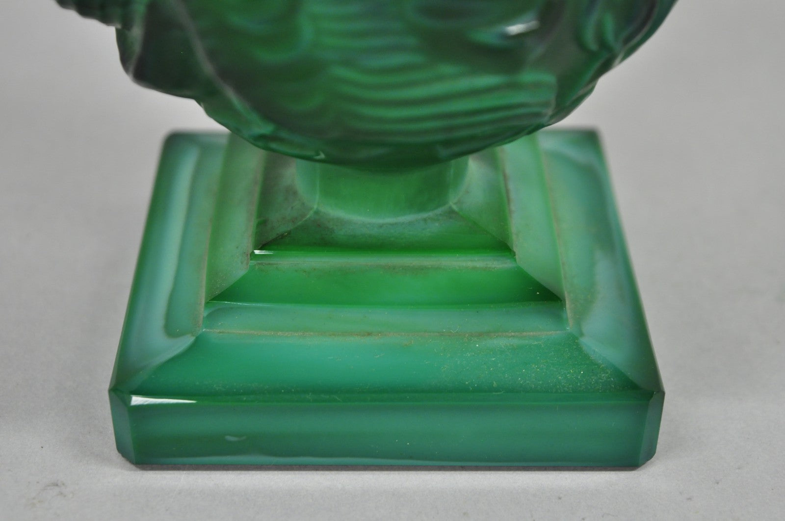 Antique Art Deco Malachite Jade Green Czech Glass Pedestal Vase with Bird