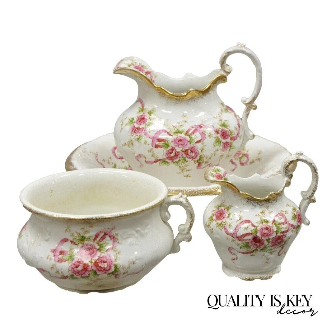 Antique WH Tatler Porcelain Pink Rose Flower Victorian Bath Wash Basin, 4 Pc Set