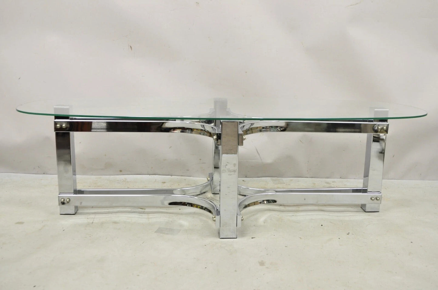 Vintage Mid Century Modern Oval Glass Top Sculptural Chrome Frame Coffee Table