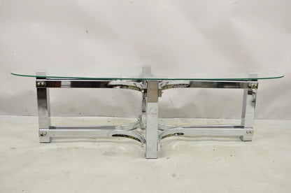 Vintage Mid Century Modern Oval Glass Top Sculptural Chrome Frame Coffee Table