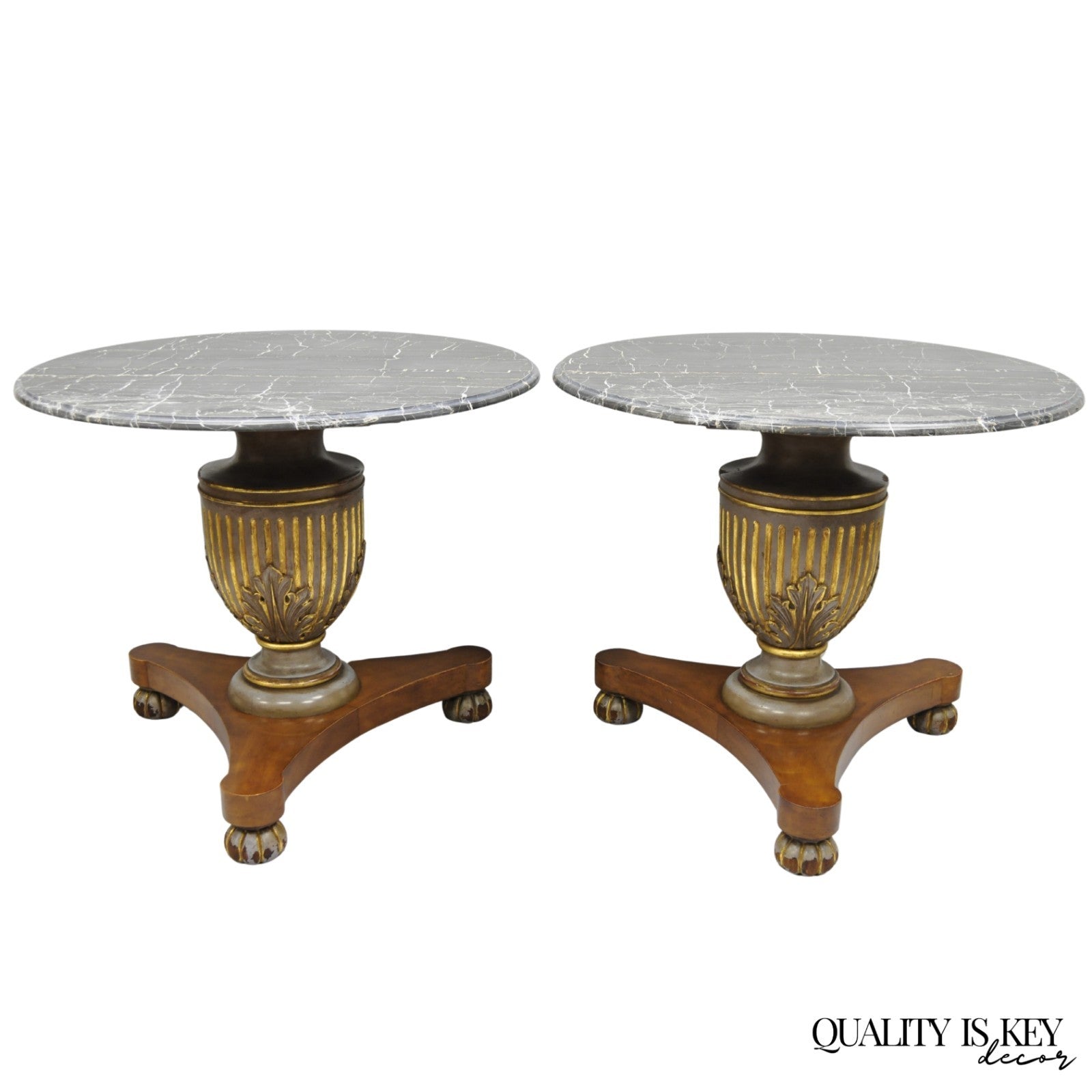 Vintage Italian Neoclassical Style Urn Pedestal Round Marble Side Tables - Pair