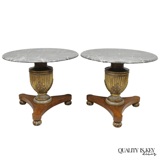 Vintage Italian Neoclassical Style Urn Pedestal Round Marble Side Tables - Pair