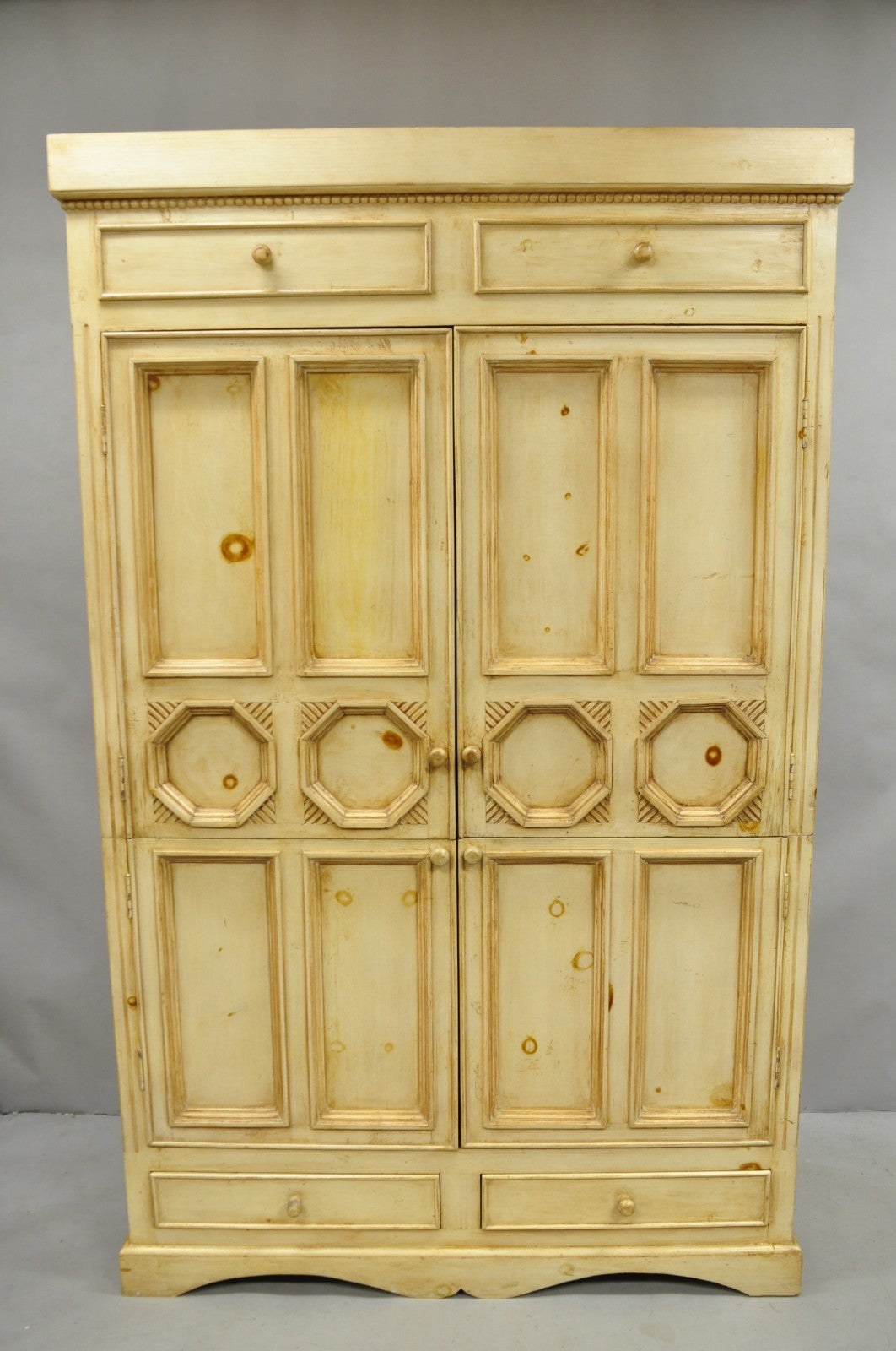 French Country Provincial Distressed Knotty Pine Wood 2 Part Cupboard Cabinet