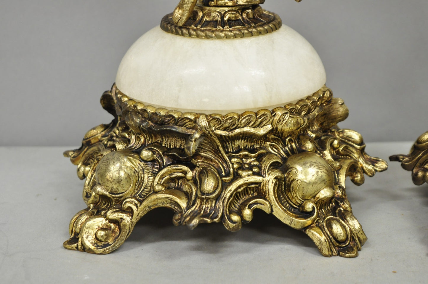 Vintage French Renaissance Rococo Alabaster & Brass Cherub Table Lamps - a Pair