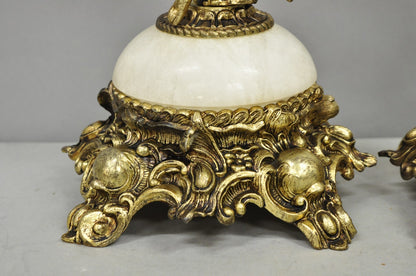 Vintage French Renaissance Rococo Alabaster & Brass Cherub Table Lamps - a Pair