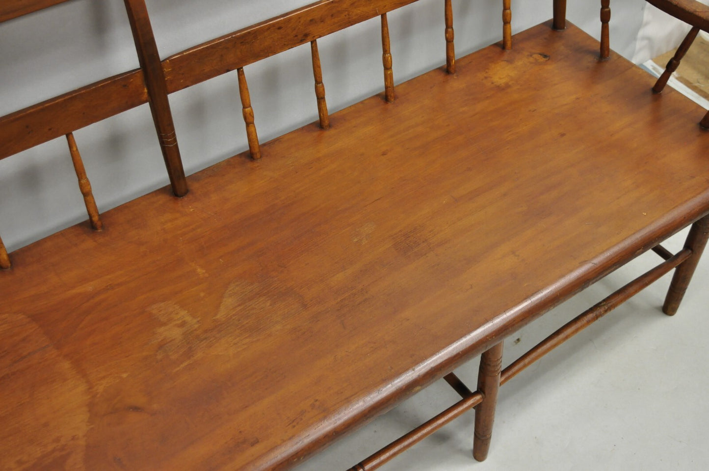 Antique American Colonial Farmhouse Spindle Back Pine Wood 8 Leg 72" Long Bench