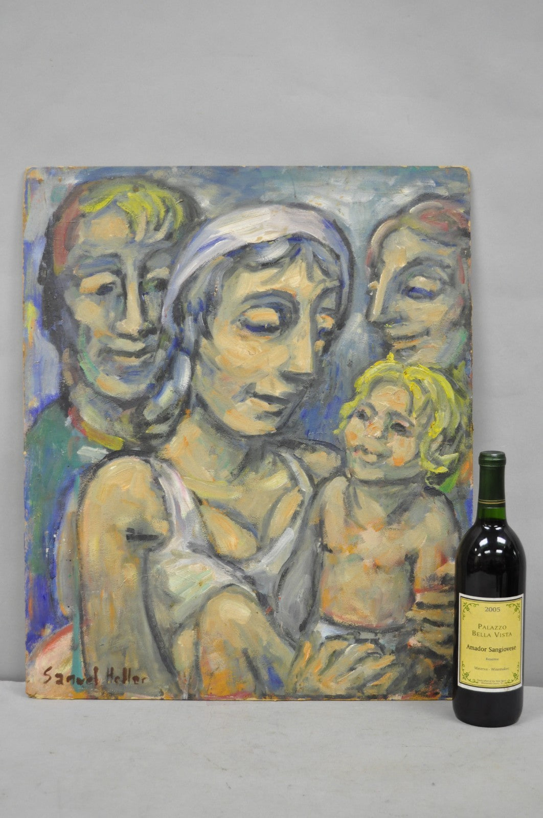 Vintage Samuel Heller "Family Portrait with Child" Oil on Board Painting, Signed