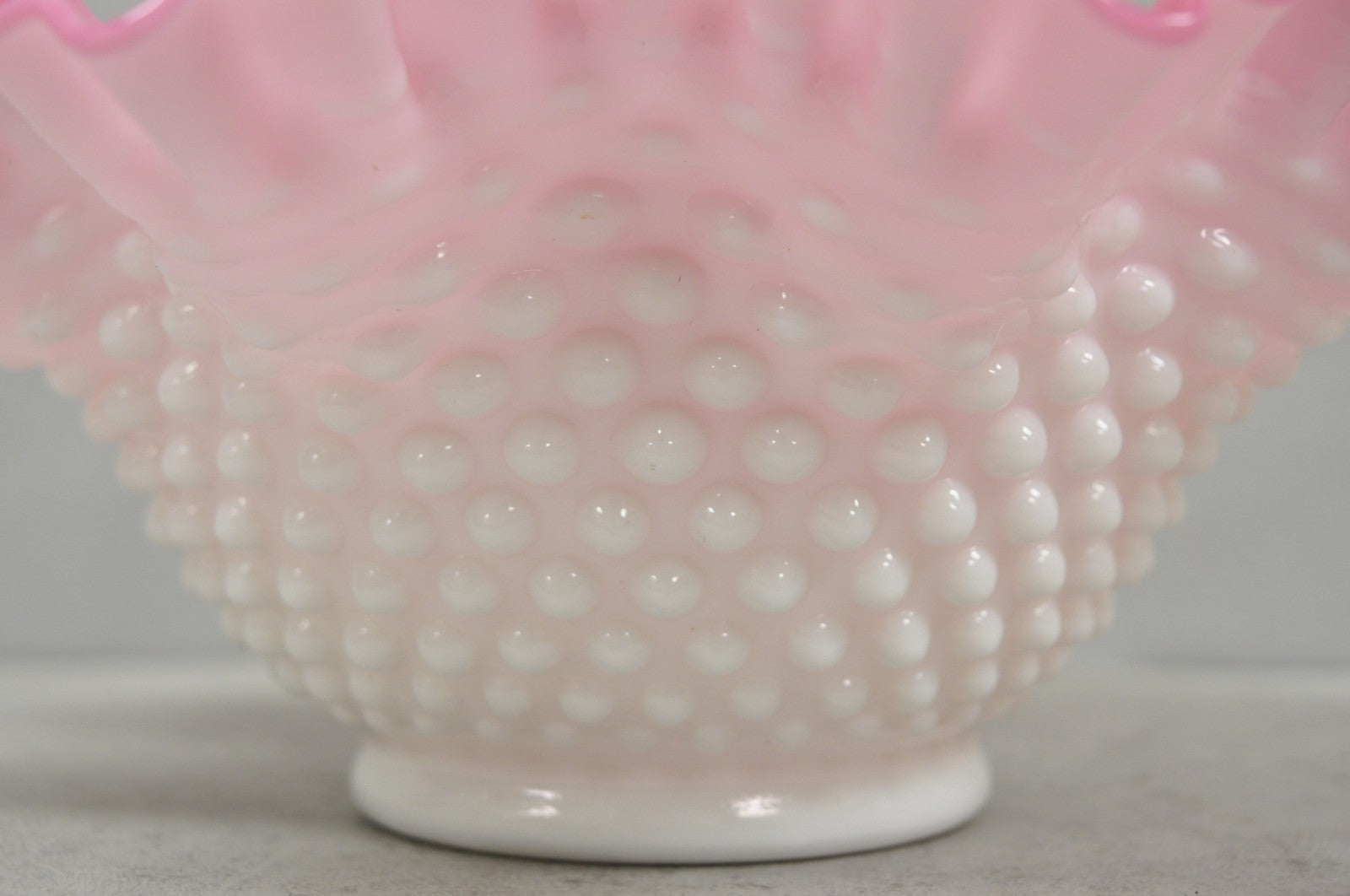 Vintage Pink & White Hobnail Cased Glass Candy Dish Ruffled Bowl Brides Basket