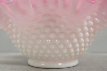Vintage Pink & White Hobnail Cased Glass Candy Dish Ruffled Bowl Brides Basket